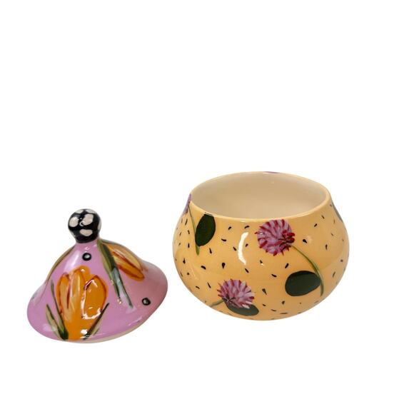 Droll Designs Multi Lidded Sugar Bowl Floral Ceramic Round Hand Painted RARE - Picture 2 of 4